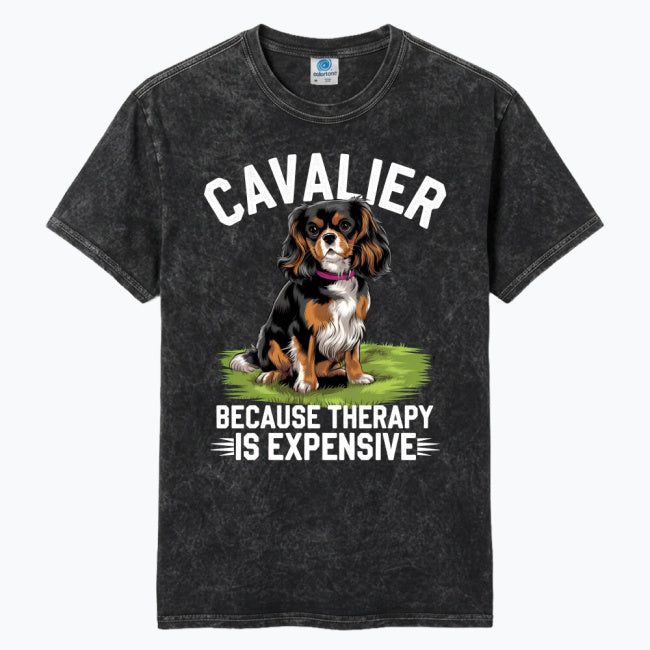 Funny Cavalier King Charles Spaniel t-shirt featuring the phrase “Because Therapy Is Expensive.” Perfect for dog lovers, pet parents, and Cavalier owners.