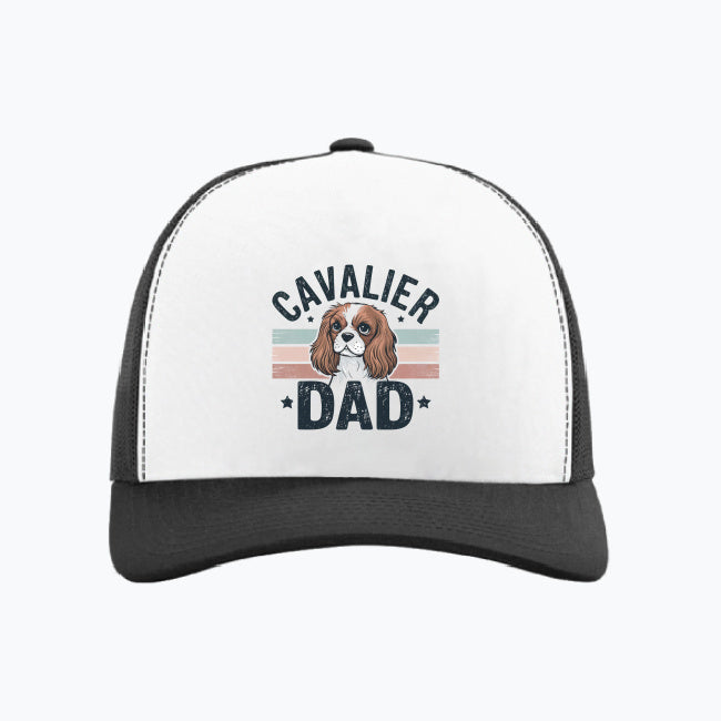 Stylowa czapka trucker z motywem Cavalier King Charles Spaniela i napisem Cavalier Dad. Idealny prezent dla właściciela psa i miłośnika rasy.