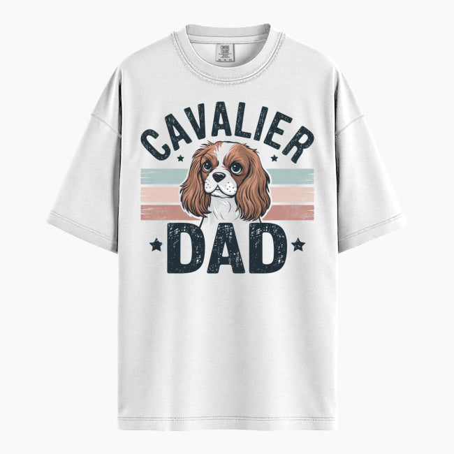 Vintage-inspired Cavalier Dad t-shirt featuring a Cavalier King Charles Spaniel design. The perfect gift for dog dads, pet parents, and Cavalier lovers.