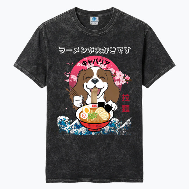 Vintage mineral wash t-shirt featuring a Cavalier King Charles Spaniel enjoying ramen in a Japanese-inspired design. Perfect for dog lovers, ramen fans, and anime enthusiasts.