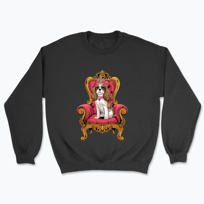 Stylowa bluza z Cavalier King Charles Spanielem siedzącym na królewskim tronie. Idealny prezent dla właścicieli Cavalierów i miłośników psów.