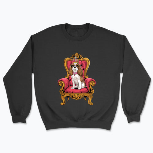 Stylowa bluza z Cavalier King Charles Spanielem siedzącym na królewskim tronie. Idealny prezent dla właścicieli Cavalierów i miłośników psów.